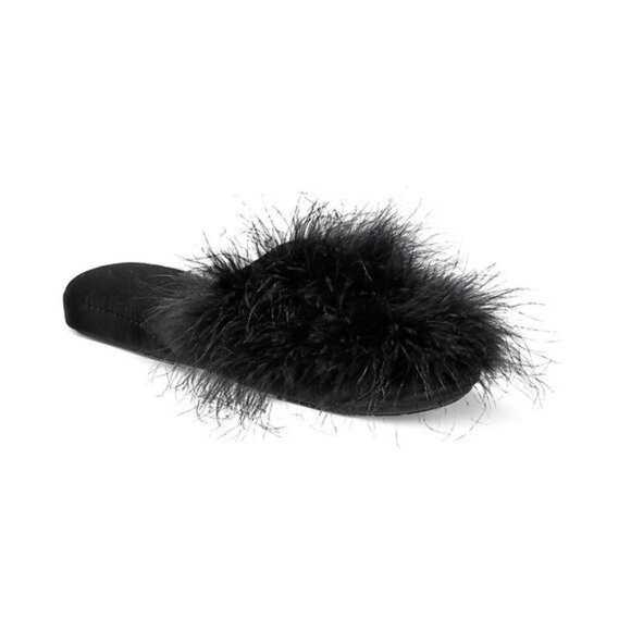 INC International Concepts Womens Size 5/6 Wedge Faux-Marabou Slippers Black - Picture 1 of 5